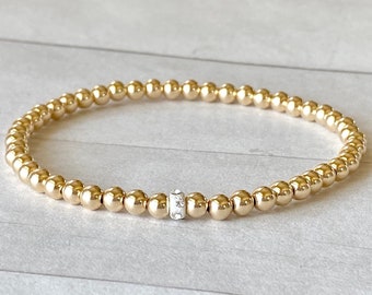 Bracelets de perles en or, Bracelet boules en or jaune 14 carats, Bracelet de perles en or 14 carats, Bracelet extensible, Bracelet empilable, Cadeaux pour elle