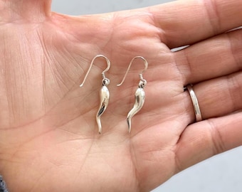 Sterling Silver Italian Horn Earrings, 925 Dangle Amulet, Protection Talisman Jewelry, Minimalist Boho