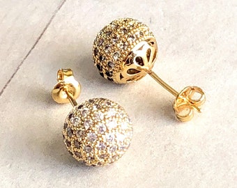 Pave Ball Stud Earrings for Women Men, Disco Ball Earrings, Sparkle Ball Earrings, 6mm 8mm 10mm CZ Diamond Ball Earrings, Gifts for Her Him