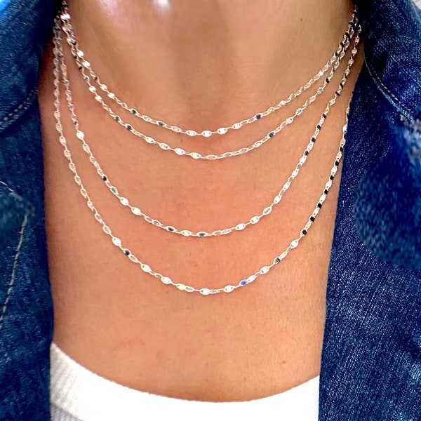 Sterling Silver Valentino Link Chain Necklace, Sparkly Silver Sequin Disc Choker, Oval Sequin Chain, Dainty Silver Necklace, Jewelry Gift