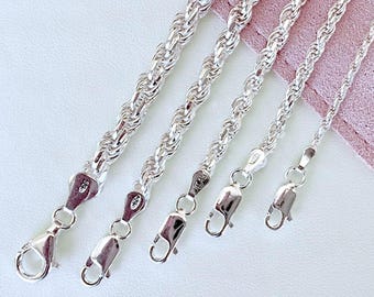 Sterling Silver Rope Chain Bracelets: Solid 925 Italian, Unisex 1.8mm - 4mm widths, Diamond Cut