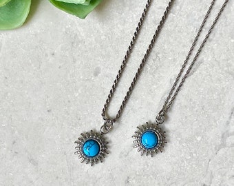Turquoise Sun Necklace, Dainty Silver Sunburst Necklace, Layering Necklace, Gemstone Turquoise Pendant Necklace Blue Stone Sunshine Necklace