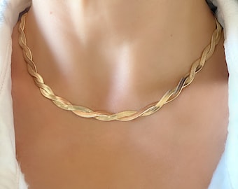 Herringbone Necklace Braided, Gold Herringbone Choker, Gold Filled Herringbone, Twisted Snake Chain, Double Braid Necklace, Women's Necklace