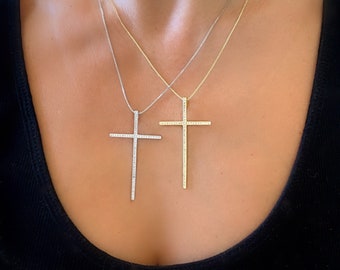 Large Cross Necklace, Long Cross Necklace, Simple Cross Necklace, Silver Cross Necklace, CZ Diamond Cross Necklace, Gift for Mom, 16" - 18"