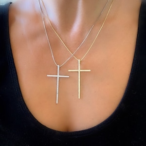 Large Cross Necklace, Long Cross Necklace, Simple Cross Necklace, Silver Cross Necklace, CZ Diamond Cross Necklace, Gift for Mom, 16&quot; - 18&quot;