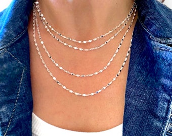 Sterling Silver Valentino Link Chain Necklace, Sparkly Silver Sequin Disc Choker, Oval Sequin Chain, Dainty Silver Necklace, Jewelry Gift