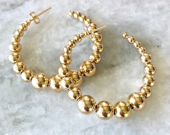 Gold Beaded Hoop Earrings, Gold Ball Hoop Earrings, Gold Filled Hoop Earrings, Large Bead Hoop Earrings, Minimalist Gold Beaded Jewelry