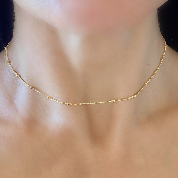 14K Gold Filled Beaded Satellite Necklace Choker, Layering Necklace, Dainty Bead Chain Choker Necklace, Station Chain 14K Gold Ball Necklace