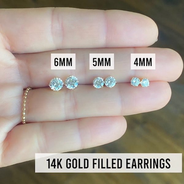 Gold Filled Stud Earrings, Simulated Diamond Earrings, Cubic Zirconia Earrings, Gold Diamond Studs, Earrings for Women,Men, 3mm∙4mm∙5mm∙6mm