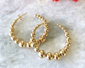 Large Gold Beaded Hoop Earrings, Chunky Hoop Earrings, Gold Ball Hoop Earrings,  Women’s Hoop Earrings, Statement Hoop Earrings