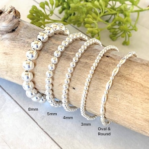 Silver Beaded Ball Bracelets, 925 Sterling Silver Stretchy Bead Bracelets Women, Men, Stackable Handmade Bracelet Gift, 3mm 4mm 5mm 6mm 8mm