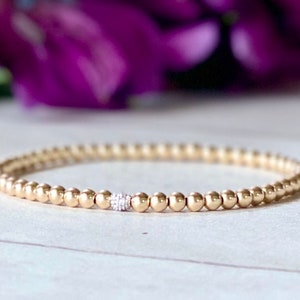 Pulsera de bolas de diamantes de cuentas de oro, pulsera con cuentas de diamantes, pulsera de cuentas de oro diminuta, pulsera de cuentas de diamantes, pulsera con cuentas de oro, regalo de 14K