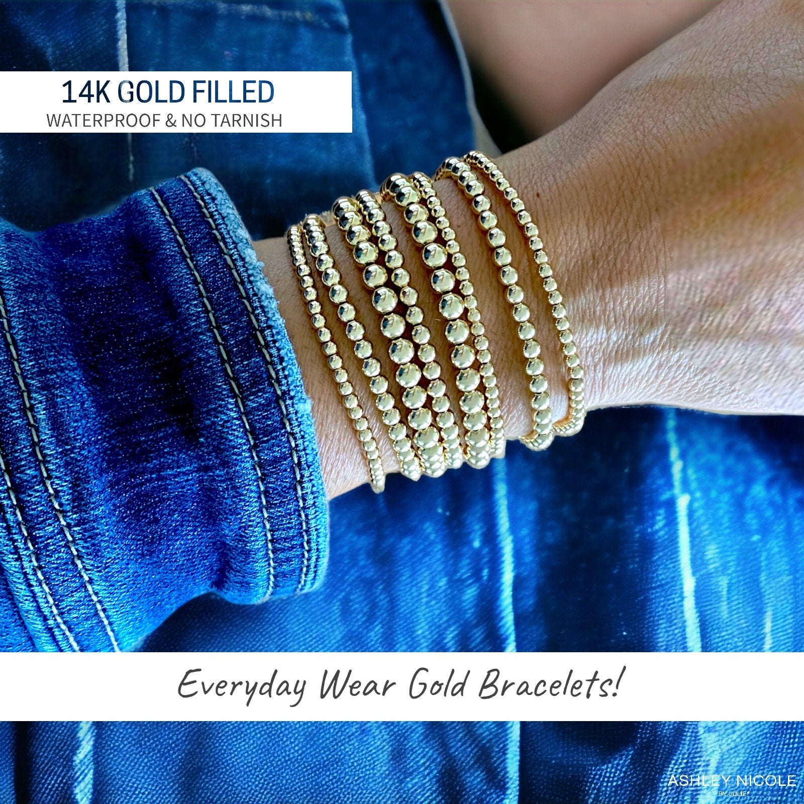 Gold Bead Bracelet Stack Set, 14k Gold Filled Beaded Bracelet, Non Tarnish Bracelet, Elegant Bridal Bracelets, Simple Bracelet Gift for Her