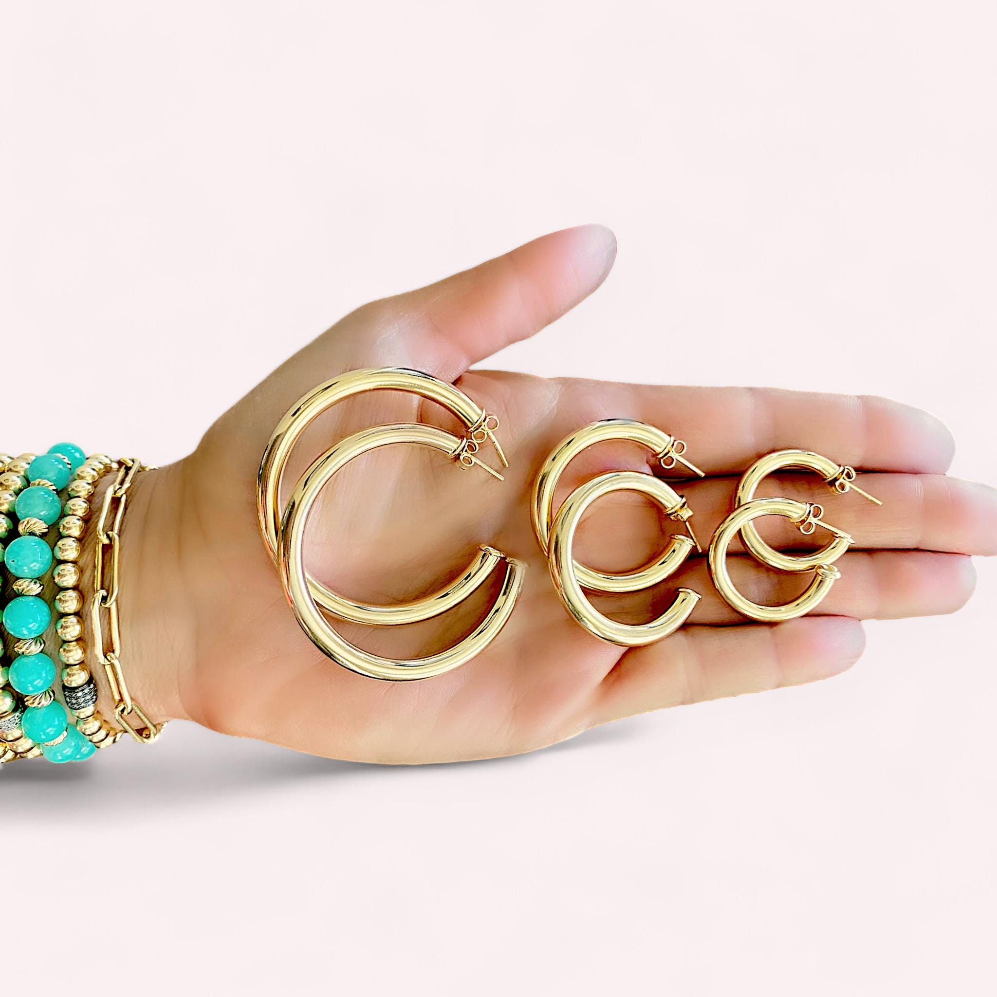 0405　両耳　3.5×21mmゴールド TRIDEA JEWELRY 18金 フープピアス 幅3mm 外径25mm イエロー