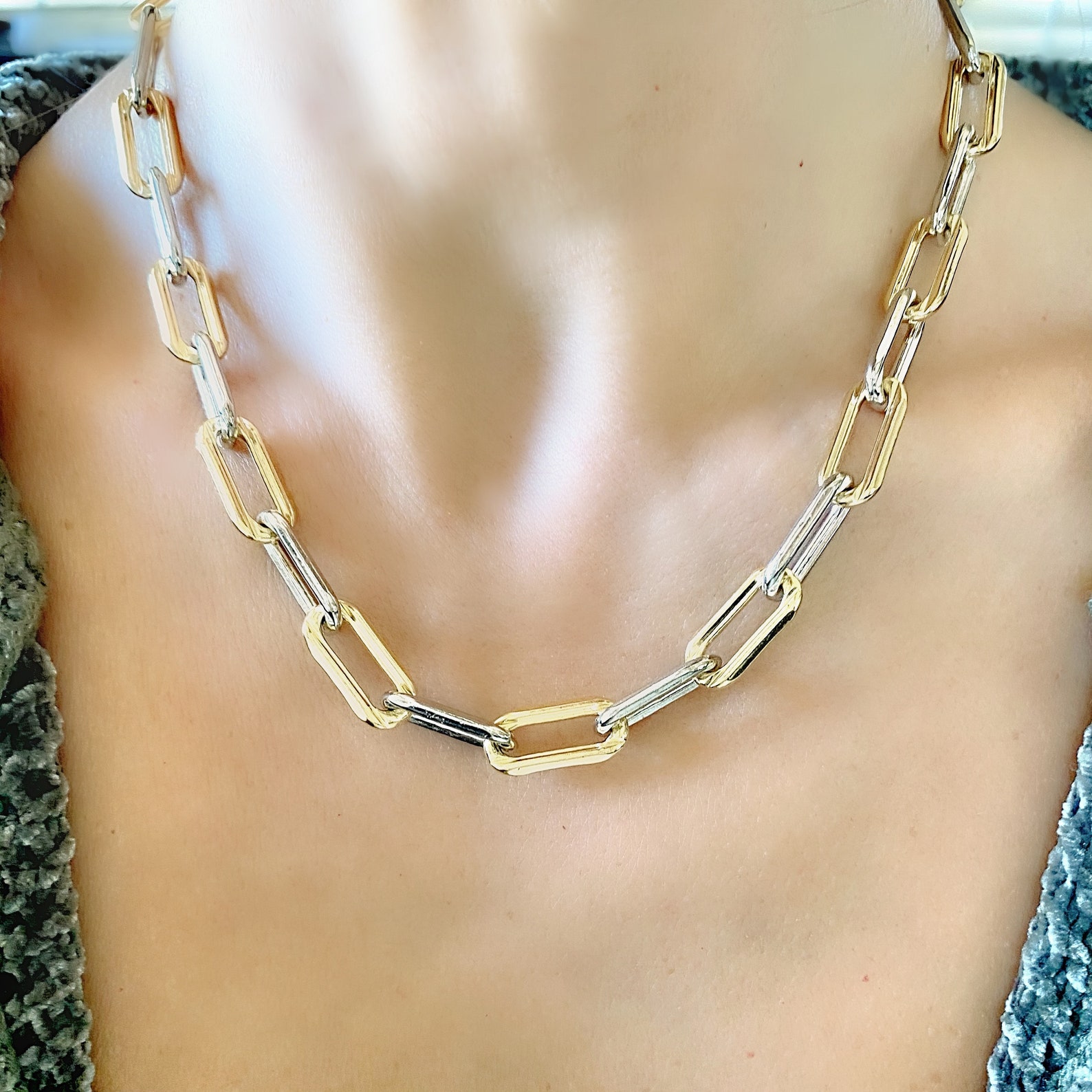 Paperclip Chain Necklace Two Tone Link Chain Gold Filled Etsy