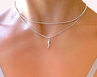 Silver Italian Horn Necklace, Sterling Silver Cornicello Necklace, Dainty Italian Necklace, Small Horn Pendant, Horn Charm Jewelry Gift