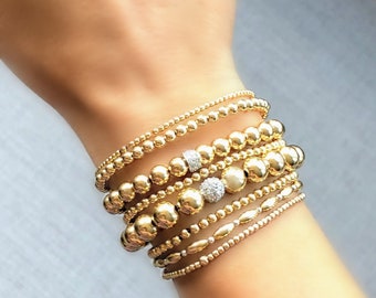 Gold Bead Bracelet, 14K Gold Filled Beaded Bracelet, Gold Bead Bracelet with Diamond Bead, Gold Ball Bracelet, CZ Diamond Bead Bracelet