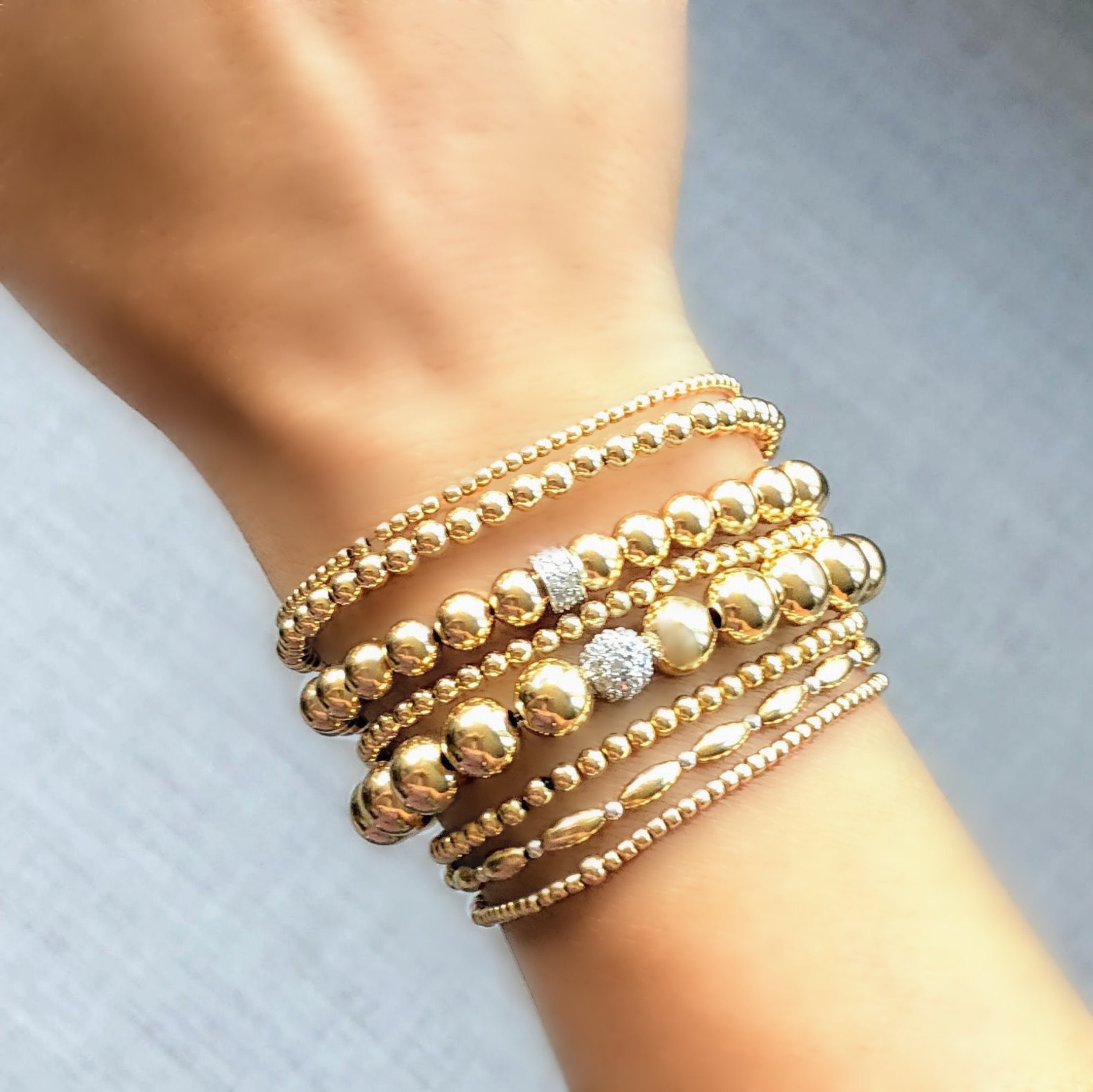 3mm Gold Bead Bracelet with Diamond Bead 14K Yellow Gold +$160 / 7