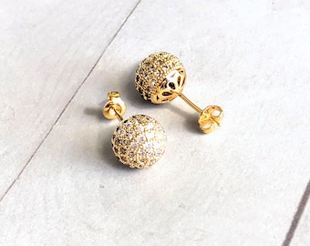 14K Gold Plated Pave CZ Ball Stud Earrings | Sparkle Studs (6mm 8mm 10mm)