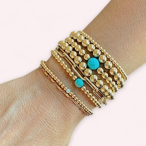 14K Gold Beaded Turquoise Bracelets, 14K Gold Filled Stretch Bead Bracelet, Turquoise Gemstone and Gold Beads, Women&#39;s Elegant Jewelry Gifts