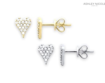 14K Diamond Heart Earrings in 14K White Gold & 14K Yellow Gold, Dainty Heart  Studs, Small Diamond Earrings, 14K Gold Jewelry Gifts for Her