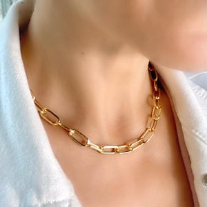 Large Paperclip Necklace with Big Flat Elongated Links, Chunky Bold Link Layering Necklace, Thick Gold Paperclip Choker Necklace, 15” - 24”