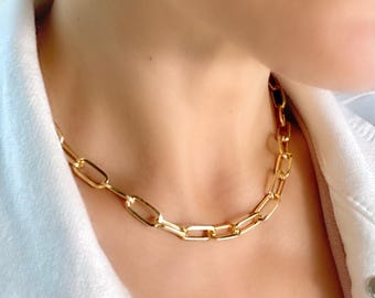 Large Paperclip Necklace with Big Flat Elongated Links, Chunky Bold Link Layering Necklace, Thick Gold Paperclip Choker Necklace, 15” - 24”