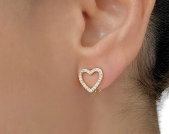 Gold Heart Earrings, Heart Huggie Earrings Cubic Zirconia Heart Huggies, Cute Open Heart Earrings, Bridesmaid Gift, Unique Jewelry Gift Girl