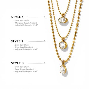 Style guide showing three CZ pendant necklace options: Style 1 oval on 2mm chain, Style 2 marquise on 2mm chain, Style 3 pear on 3mm chain, all adjustable 16 to 18 inches