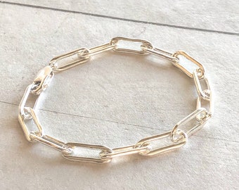 Silver Paperclip Bracelet, 925 Sterling Silver, Chunky Silver Chain Bracelet Women, Men, Custom Lengths, Handmade Bracelet