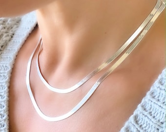 Silver Herringbone Chain Necklace, 16”, 18", 20", 22", 24", 30” Sterling Silver Flat Chain, Minimalist Layering Necklace, Jewelry Gift Women