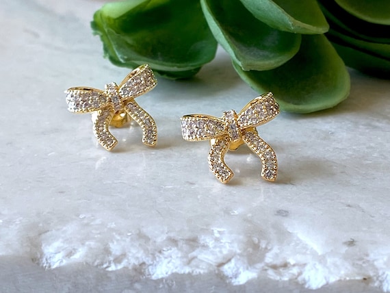 Gold Bow Earrings with Sparkling CZ