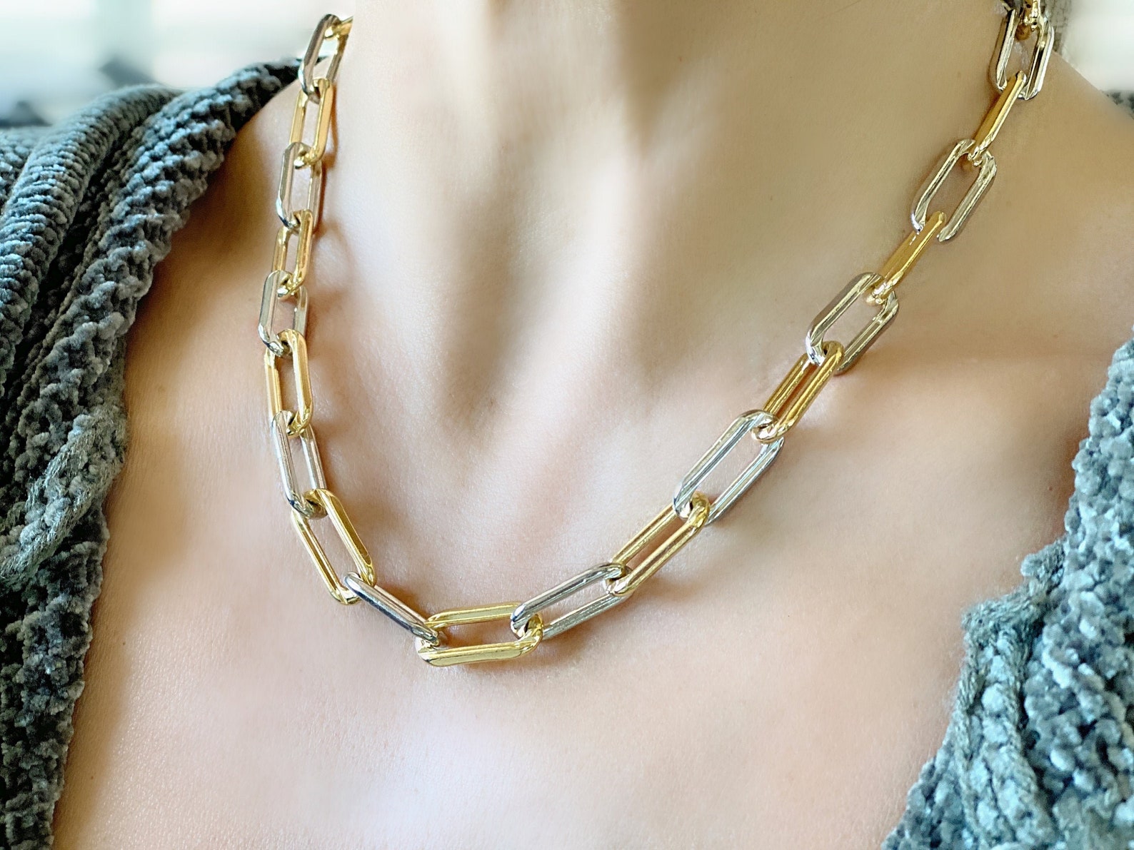 Paperclip Chain Necklace Two Tone Link Chain Gold Filled Etsy