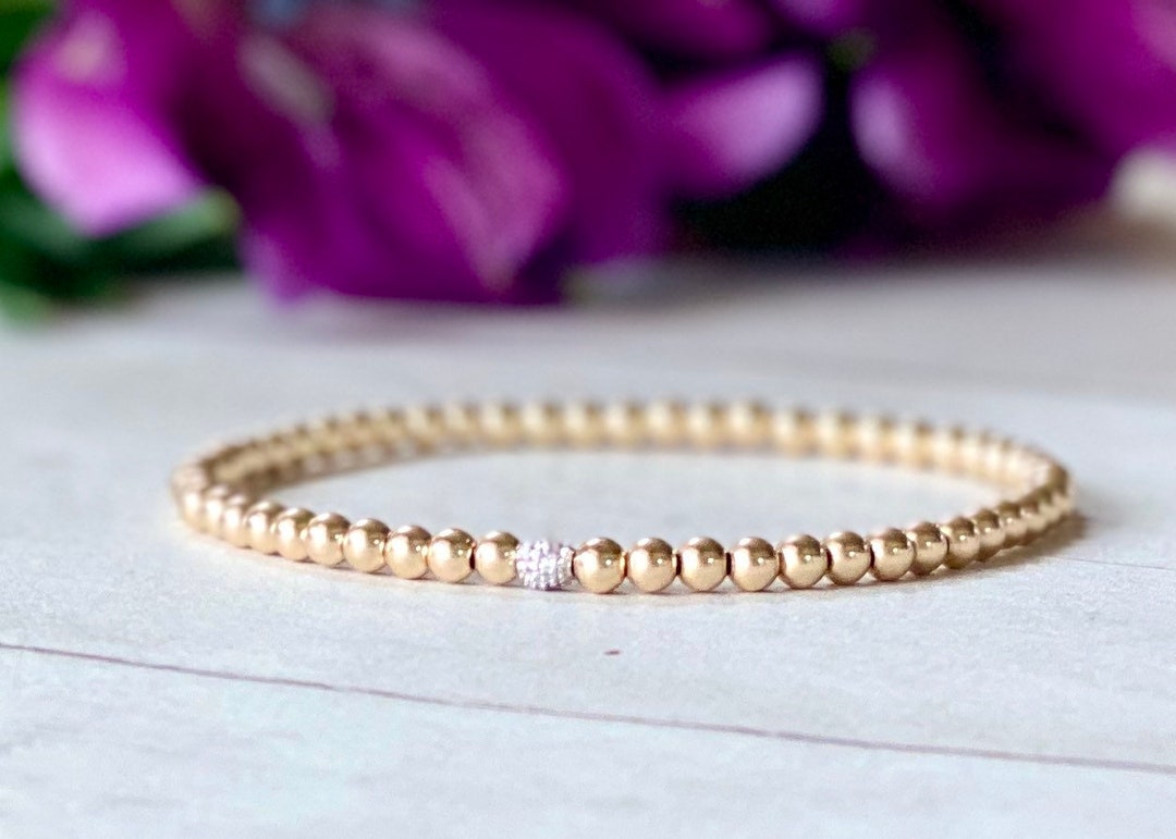 Gold Bead Diamond Ball Bracelet, Diamond Beaded Bracelet, Tiny Gold