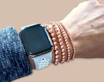 Rose Gold Beaded Bracelets, Stretchy Bracelets, Rose Gold Plated Bracelet Stack, Minimalist Layering Bracelets Single or Stackable Sets