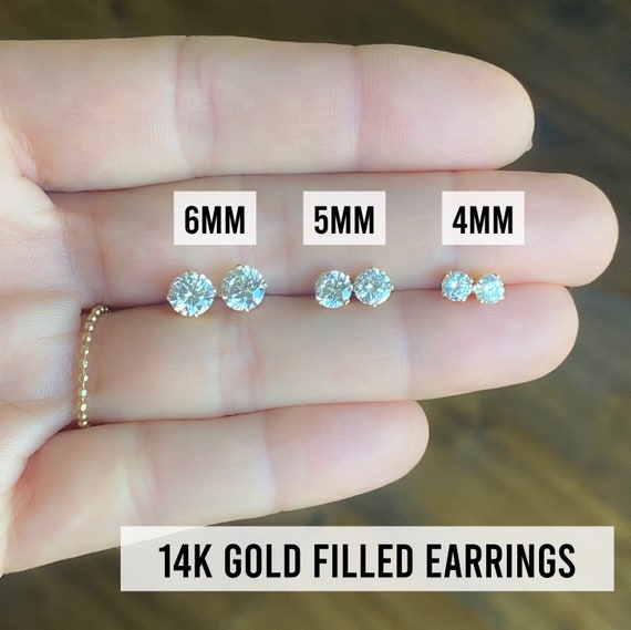 Gold Filled Stud Earrings, Simulated Diamond Earrings, Cubic Zirconia Earrings, Gold Diamond Studs, Earrings for Women,Men, 3mm∙4mm∙5mm∙6mm