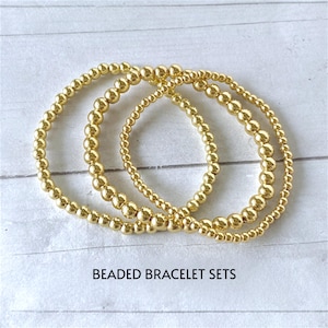 Gold Bead Bracelet Sets, Stackable Beaded Bracelet, Gold Stretch Bracelet, Dainty Gold Ball Bead Bracelets, Gold Jewelry Gift for Women