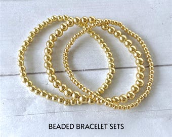 Gold Bead Bracelet Sets, Stackable Beaded Bracelet, Gold Stretch Bracelet, Dainty Gold Ball Bead Bracelets, Gold Jewelry Gift for Women