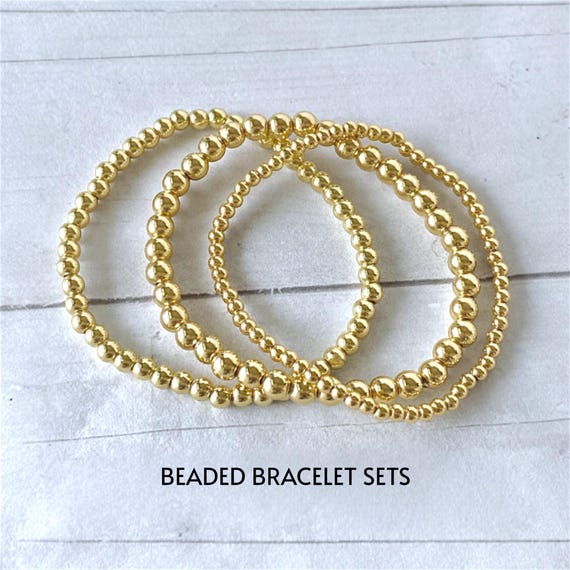 14K Gold Plated Beaded Bracelet Set: Stackable Stretch Jewelry