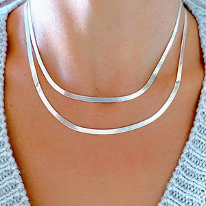 Silver Herringbone Chain Necklace, 16” 18&quot; 20&quot; 22&quot; 24&quot; 30” Sterling Silver Flat Snake Chain Minimalist Layering Necklace, Jewelry Gift Women