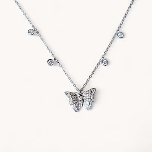 Silver CZ Butterfly Necklace, 925 Sterling Silver Cubic Zirconia Dangle Adjustable Necklace, Butterfly Theme Jewelry, Gifts for Her
