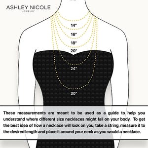Ashley Nicole Jewelry necklace length guide illustration showing 14 16 18 20 24 and 30 inch lengths on figure with measurement guidance text