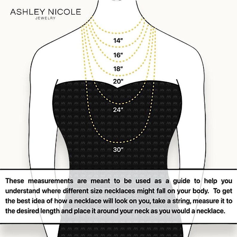 Ashley Nicole Jewelry necklace length guide illustration showing 14 16 18 20 24 and 30 inch lengths on figure with measurement guidance text