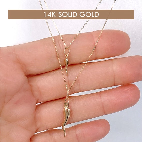 14K Gold Italian Horn Necklace, Gold Cornicello Necklace, Gold Horn Necklace, Malocchio, Strength \u0026 Protection Necklace, Gift Necklace