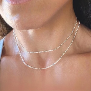 Sterling Silver Figaro Chain Necklace: Dainty Layering Chains - 14” - 20” Lengths