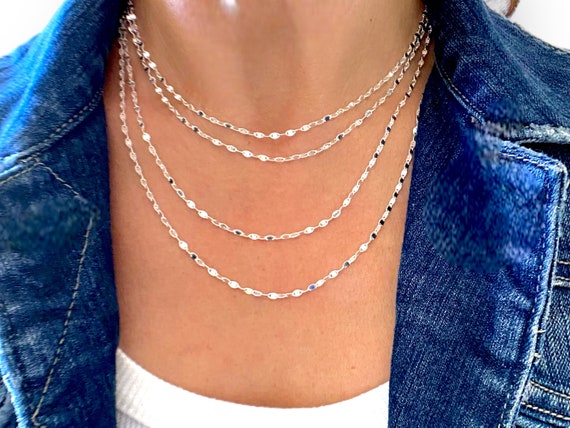 Sterling Silver Valentino Link Chain Necklace Sparkly Silver Sequin Disc Choker Oval Sequin Chain Dainty Silver Necklace Jewelry Gift