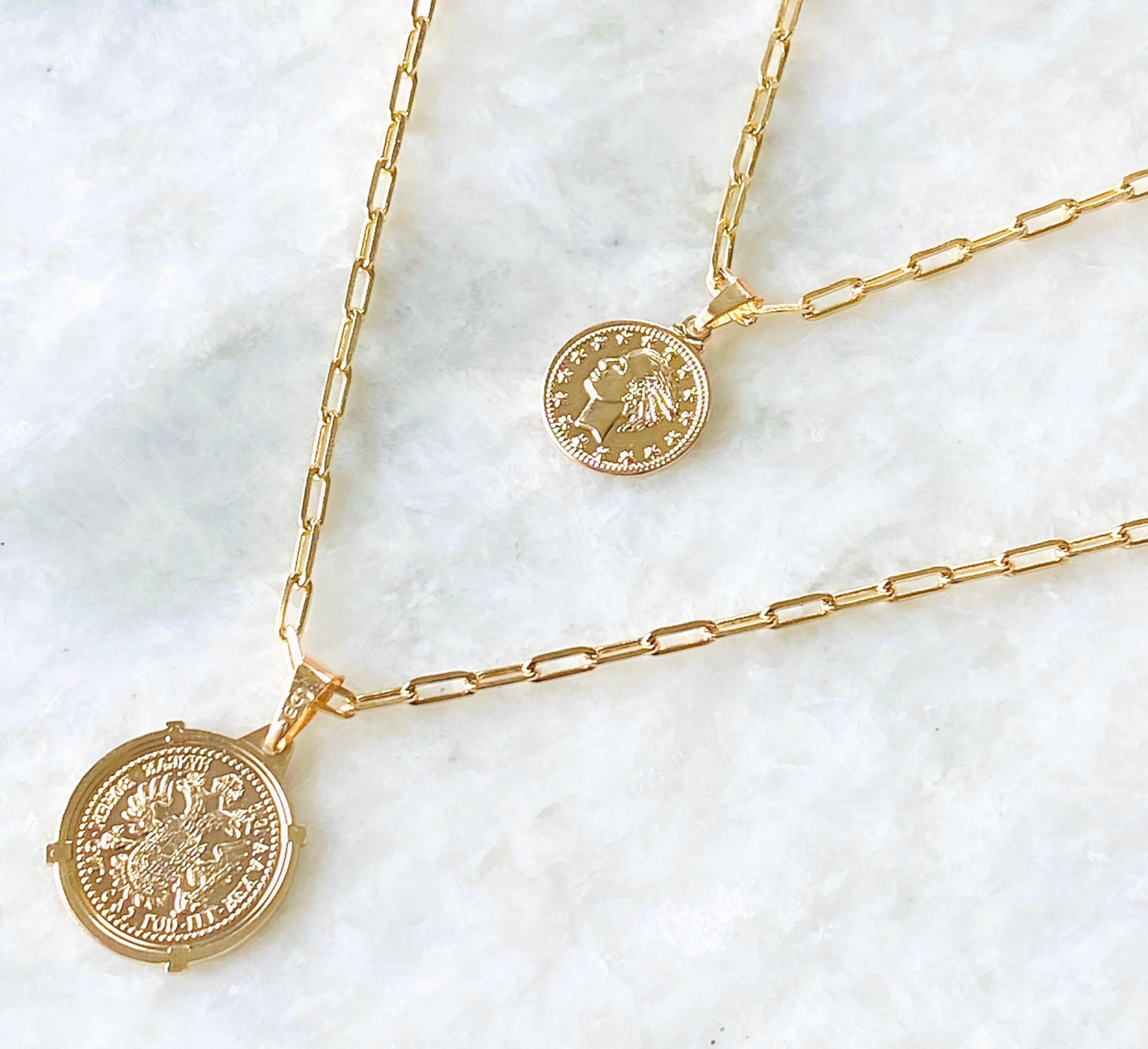 Gold Medallion Coin Necklace on Paperclip Link Chain Gold Etsy