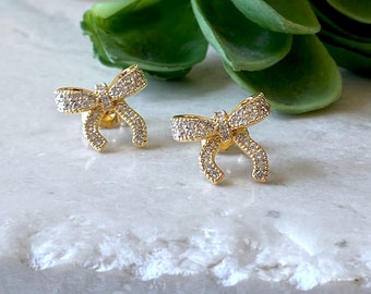 Gold Bow Earrings with Sparkling CZ, Delicate Bow Tie Earrings, Bowknot Earrings, Gold Wedding Earrings, Friendship Jewelry, Bridesmaid Gift