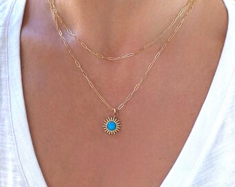 Turquoise Gold Stone Necklace, Turquoise Stone Sun Pendant, 14K Gold Filled Turquoise Necklace, Dainty Turquoise Necklace Gemstone Necklace