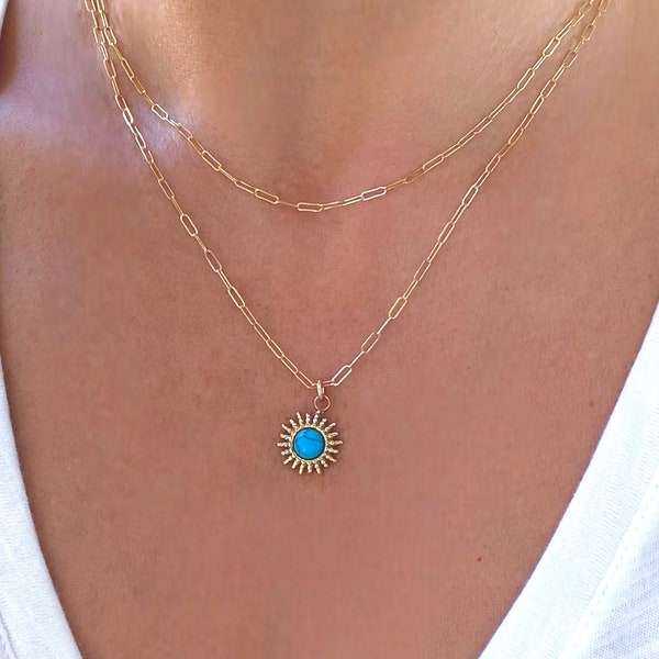 Turquoise Gold Stone Necklace, Turquoise Stone Sun Pendant, 14K Gold Filled Turquoise Necklace, Dainty Turquoise Necklace Gemstone Necklace